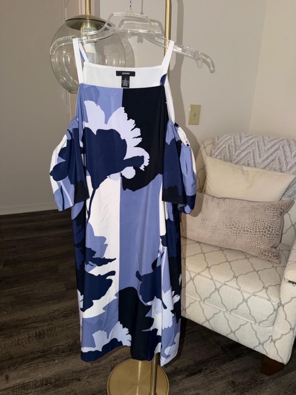 Alfani Blue and White Cold-Shoulder Floral Midi Dress
